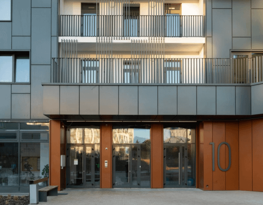 aluminum plate Architectural detail of a modern multi-story building featuring ACM cladding and balcony design