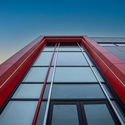 1 Commercial facade detail with red ACM panels and window accents